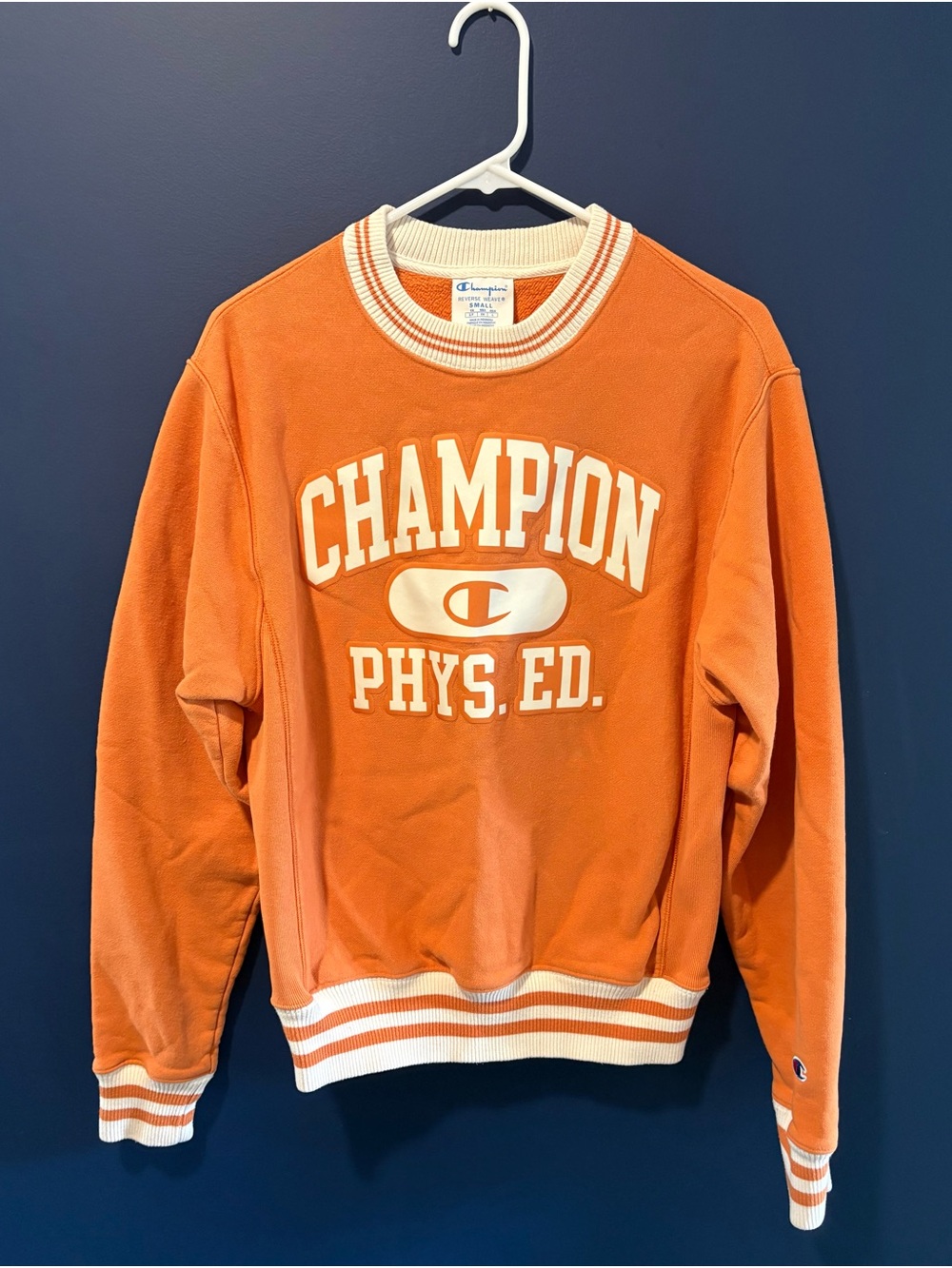 Champion Orange Crewneck Sweatshirt with 'Phys. Ed.' Graphic